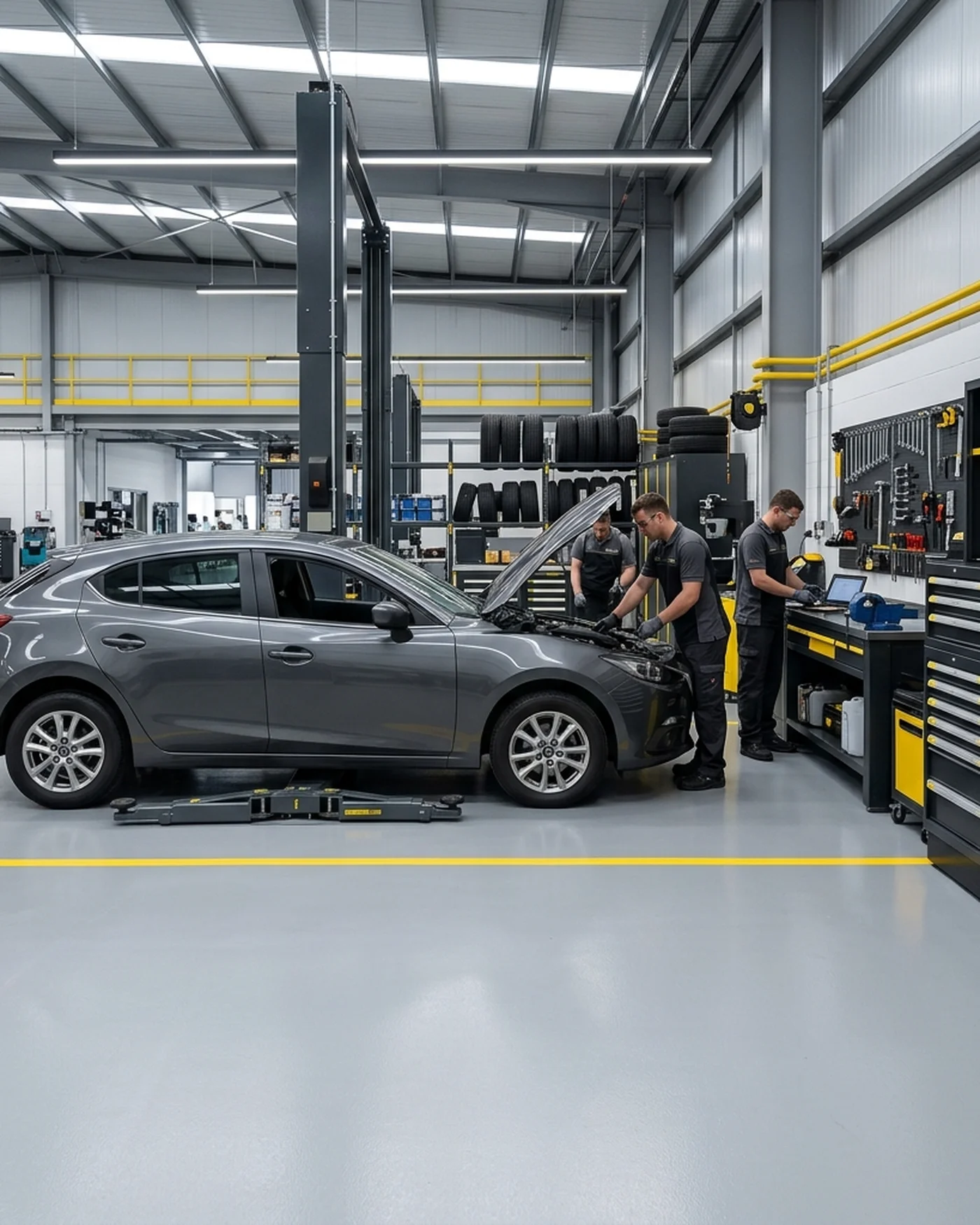 Taller mecánico profesional con auto en área de mantención