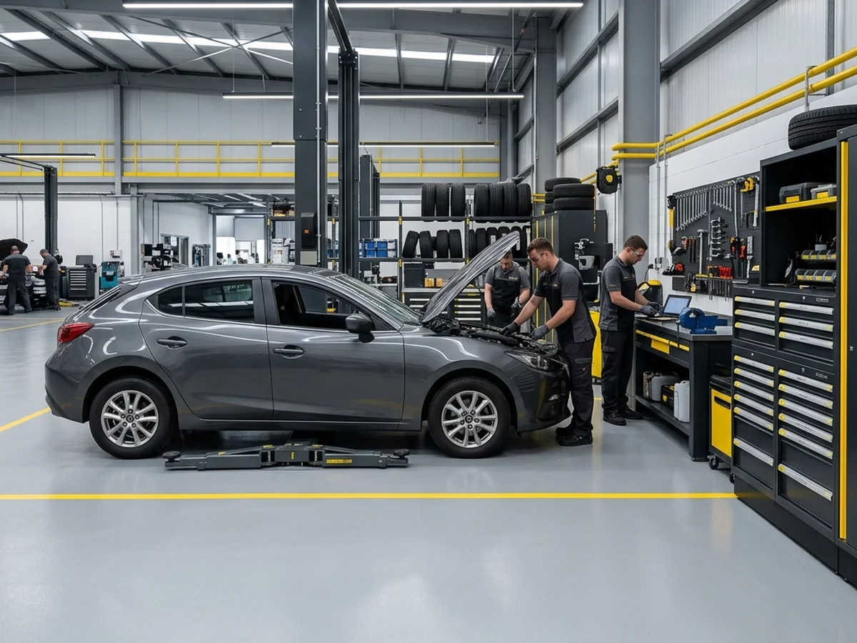 Taller profesional limpio con zona de trabajo automotriz