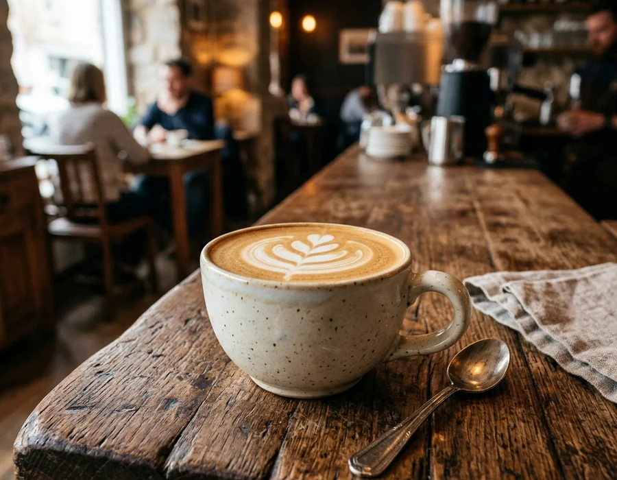 Café de especialidad servido en taza sobre una barra cálida