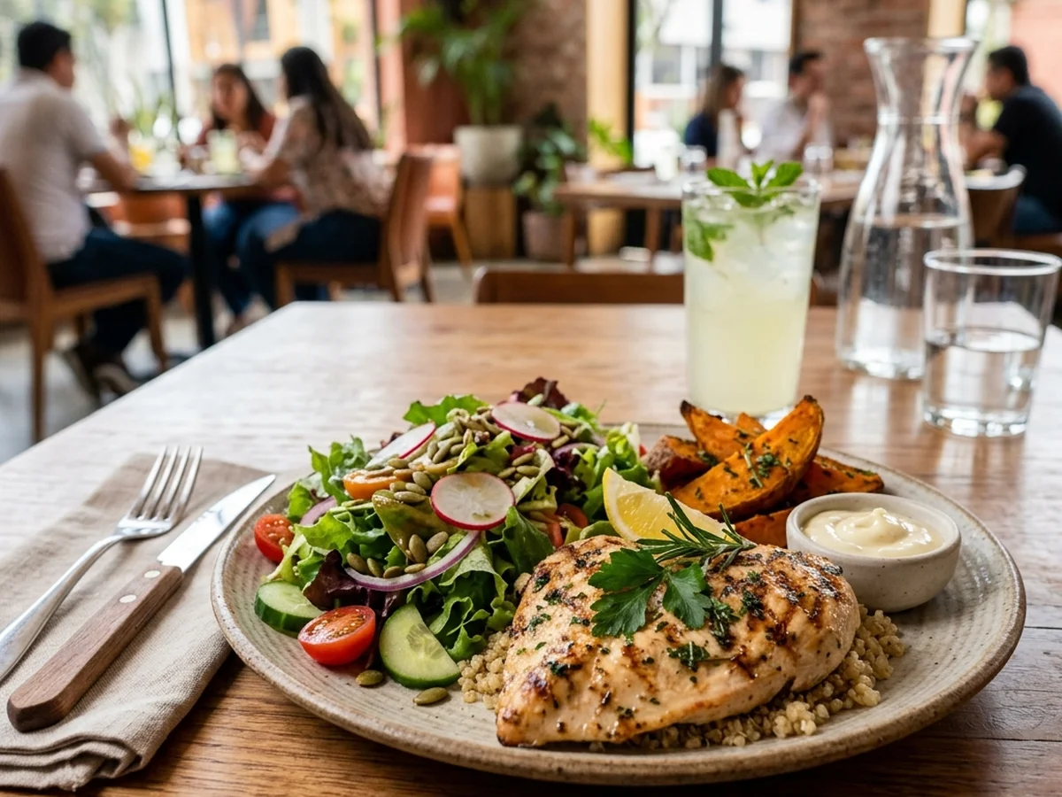 Menú ejecutivo de restaurante con plato de fondo y ensalada
