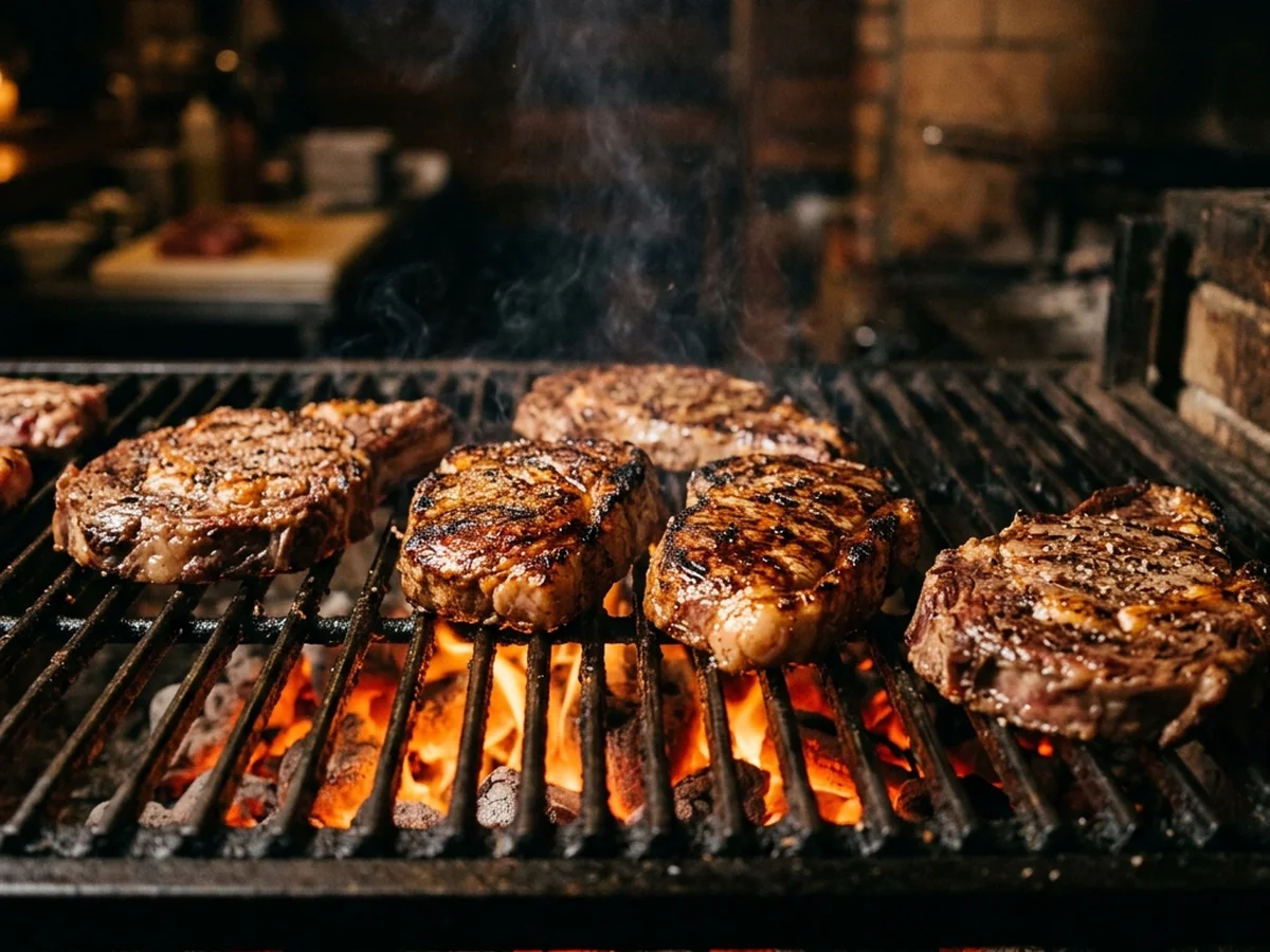 Cortes de carne dorándose sobre una parrilla a la brasa