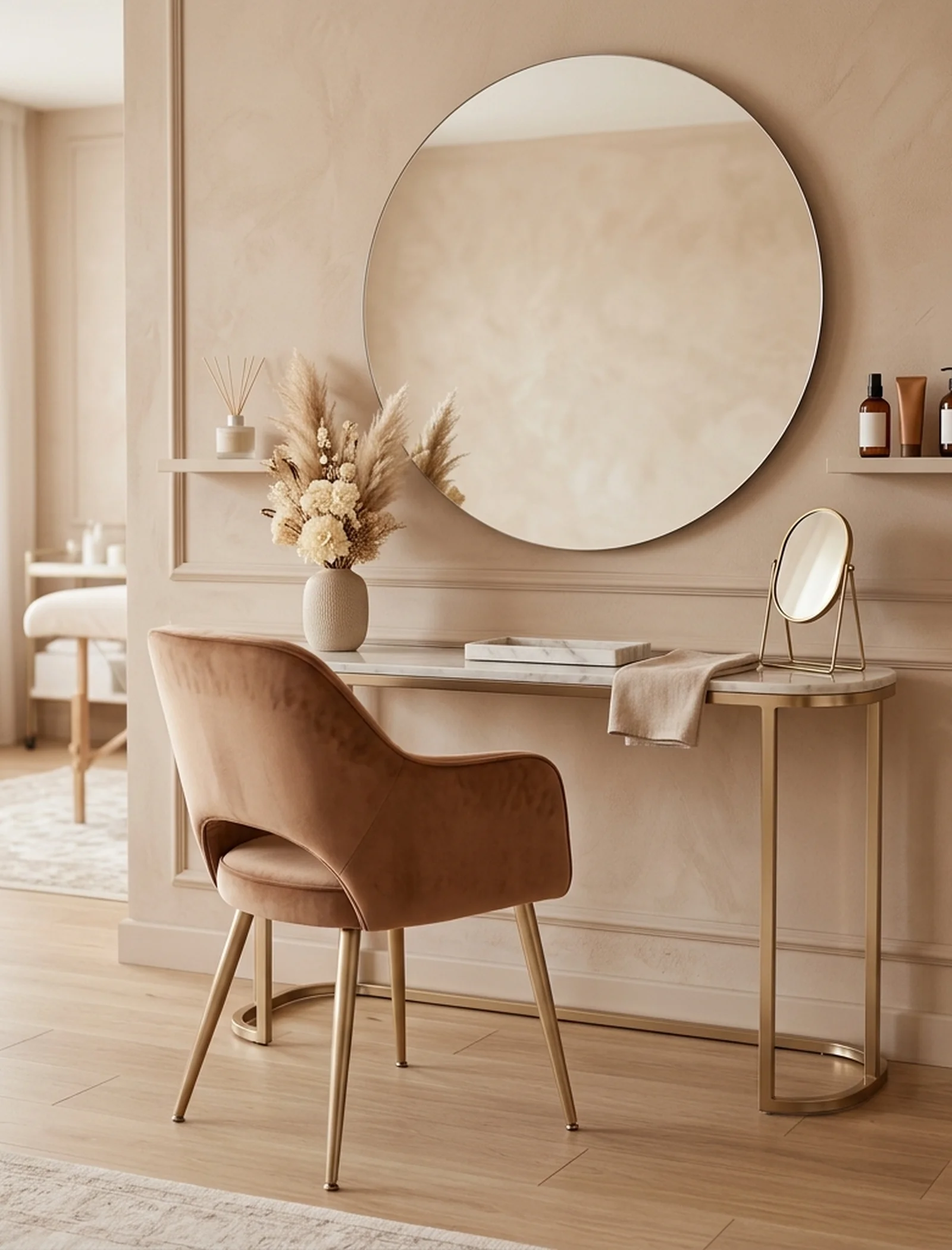 Interior premium de estudio de belleza con espejo, silla y luz cálida