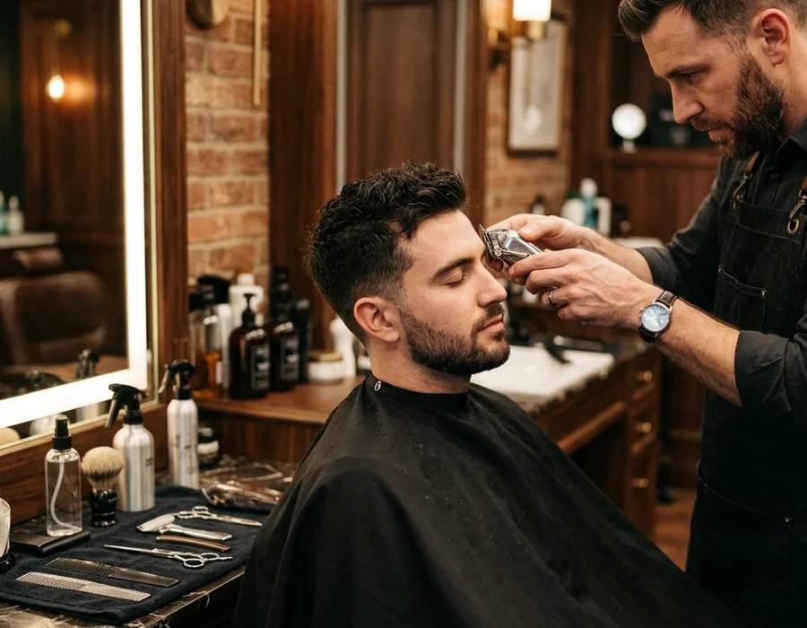 Servicio de corte y barba premium en barbería elegante