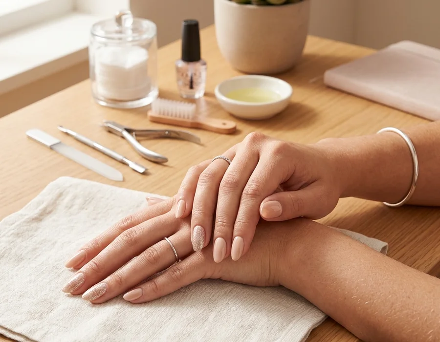 Manicure permanente con tonos nude en mesa de trabajo