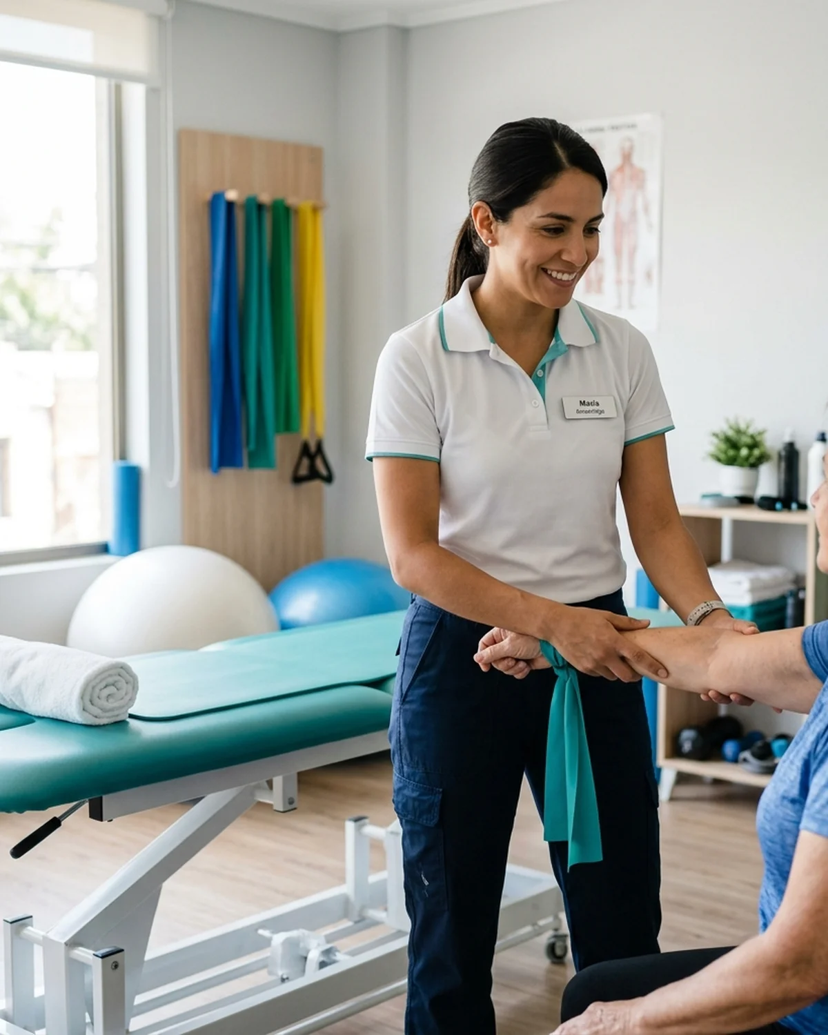 Profesional de kinesiología en sala de rehabilitación
